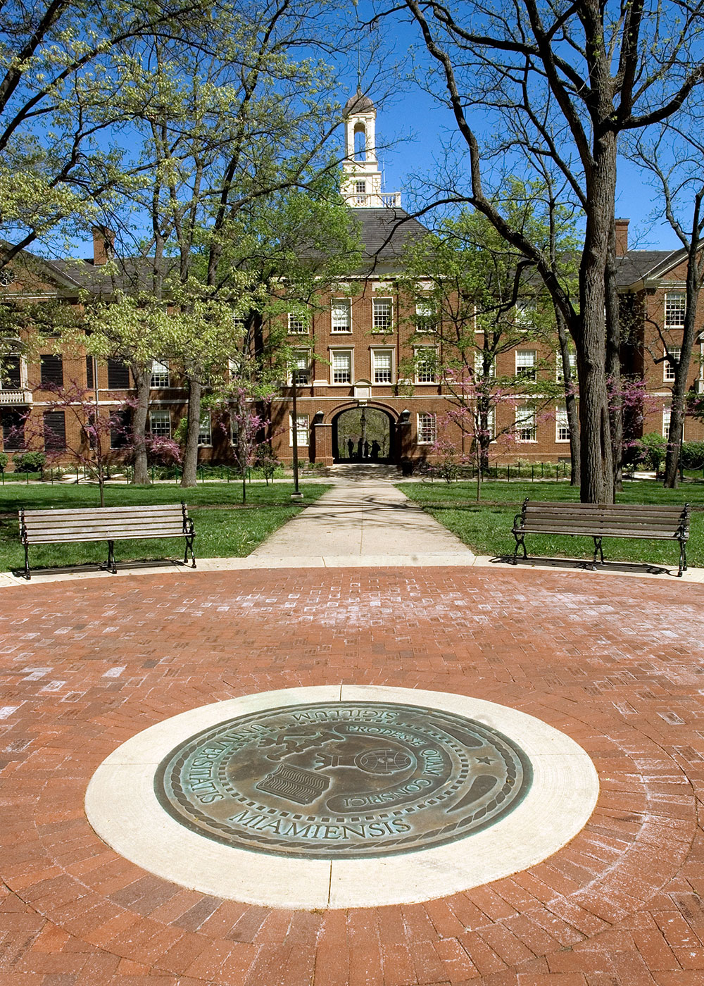 The Miami University bronze seal located in the center of campus across from Upham Hall