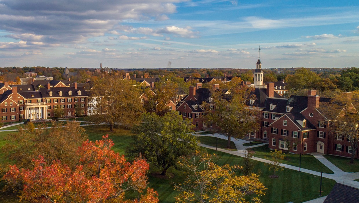 aerial view of campus buildings on a fall day
