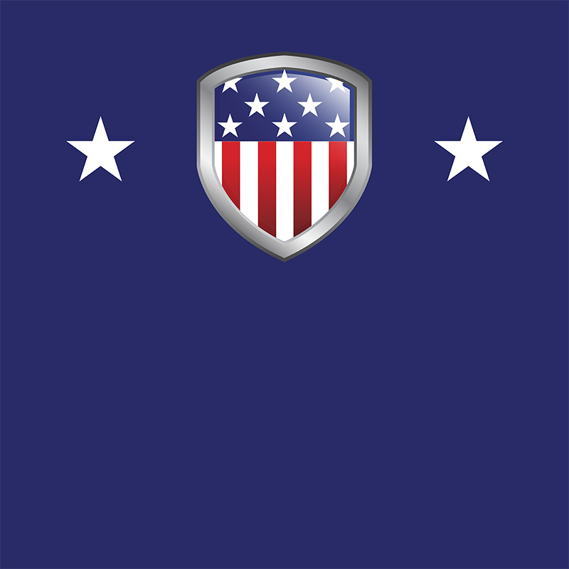A sheild with the American flag on it and three white stars on a red background
