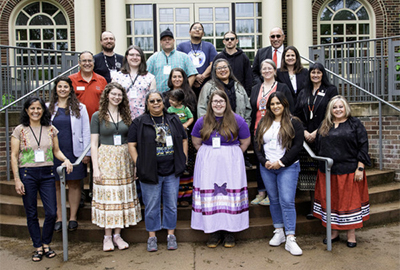 National Breath of Life Archival Institute for Indigenous Languages and Myaamia Center staff stand with leaders of the Miami Tribe of Oklahoma and apprentices