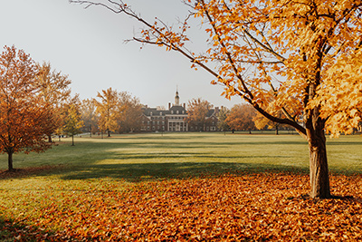 View of MacCracken Hall on a fall day with bright elaves falling from a tree in front of it