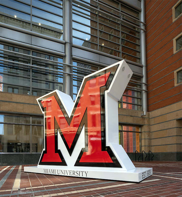 a large beveled-m installation outside of the Aronoff Center in Cincinnati 