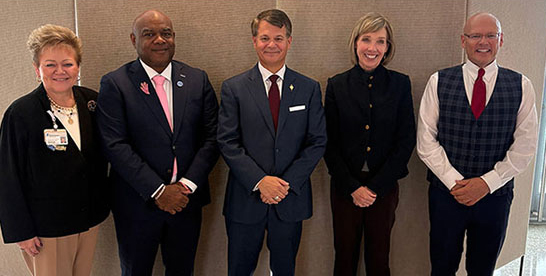 The Christ Hospital Health Network President and CEO Debbie Hayes, NEOMED Board Chair Darrell McNair, NEOMED President Dr. John Langell, Chair of The Christ Hospital Health Network Board Chair Amy Hanson, and Miami University President Gregory Crawford