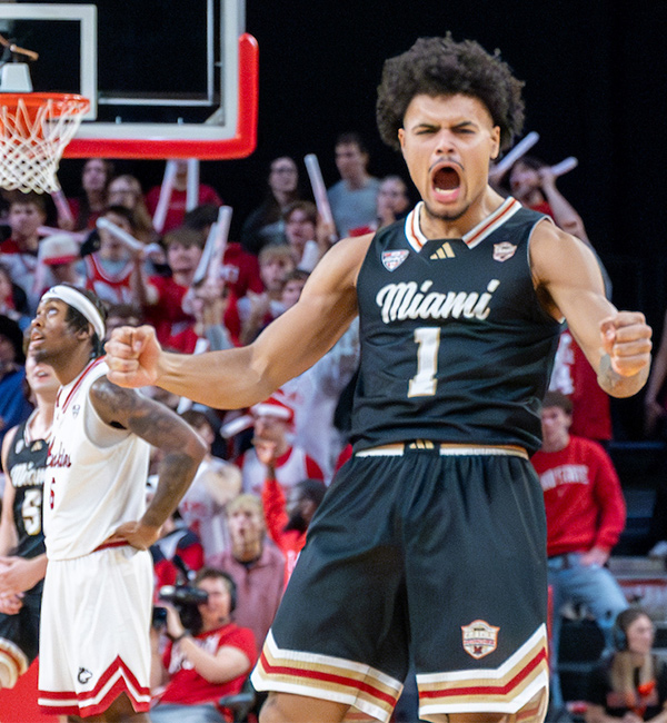 Miami Basketball player celebrating on court