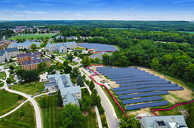 Aerial view of the Sharon and Graham Mitchell Sustainability Park and Solar Fields. 3300 plus panels and 2000 MWh each year