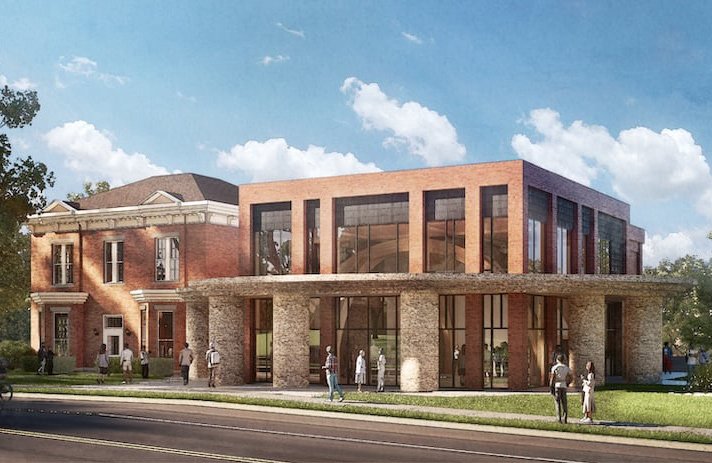 A rendering of An expansion of the historic Bonham House that integrates a new gathering space for community events, surrounded by outdoor limestone pillars, referencing an important geologic site for Myaamia people