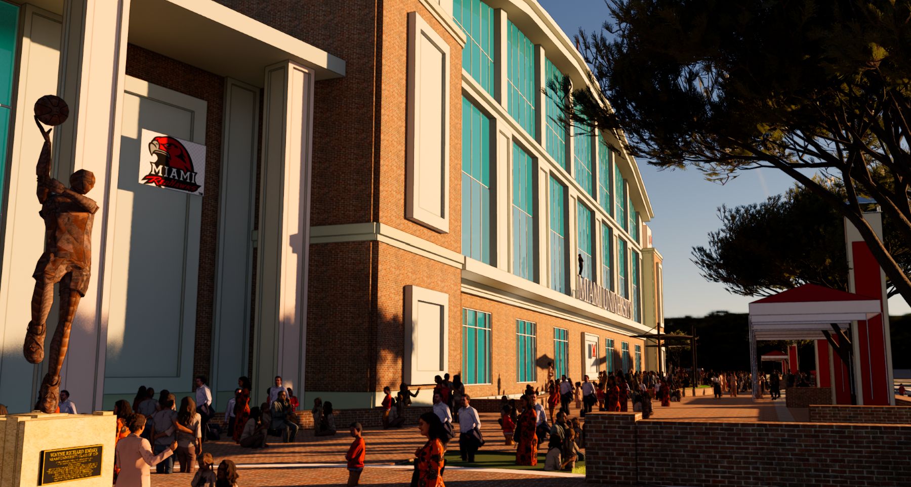 Aerial rendering of the front of the arena from the street view, illustrated people fill the sidewalk, a statue of Wayne Embry in the foreground