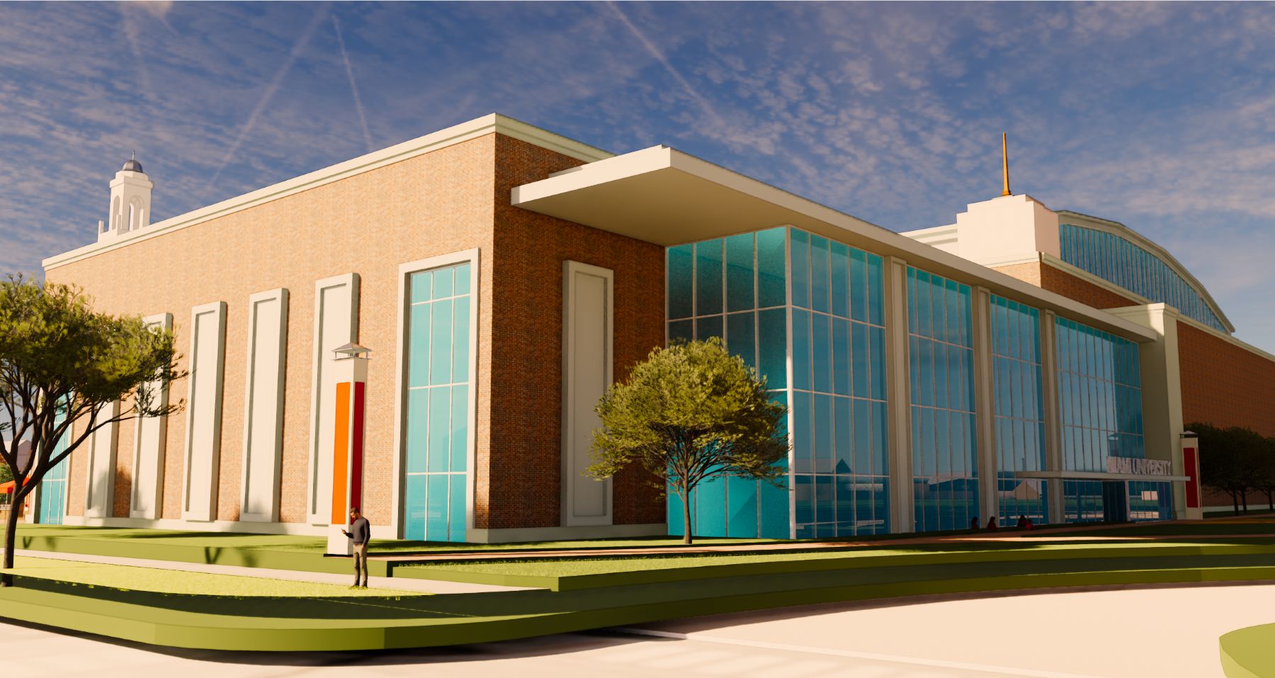 A street view rendering of the side of the new red brick and glass arena