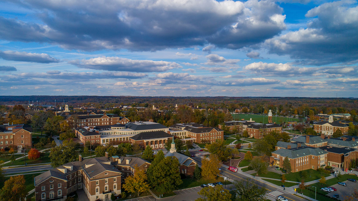 an aerial view of campus on a clear fall day