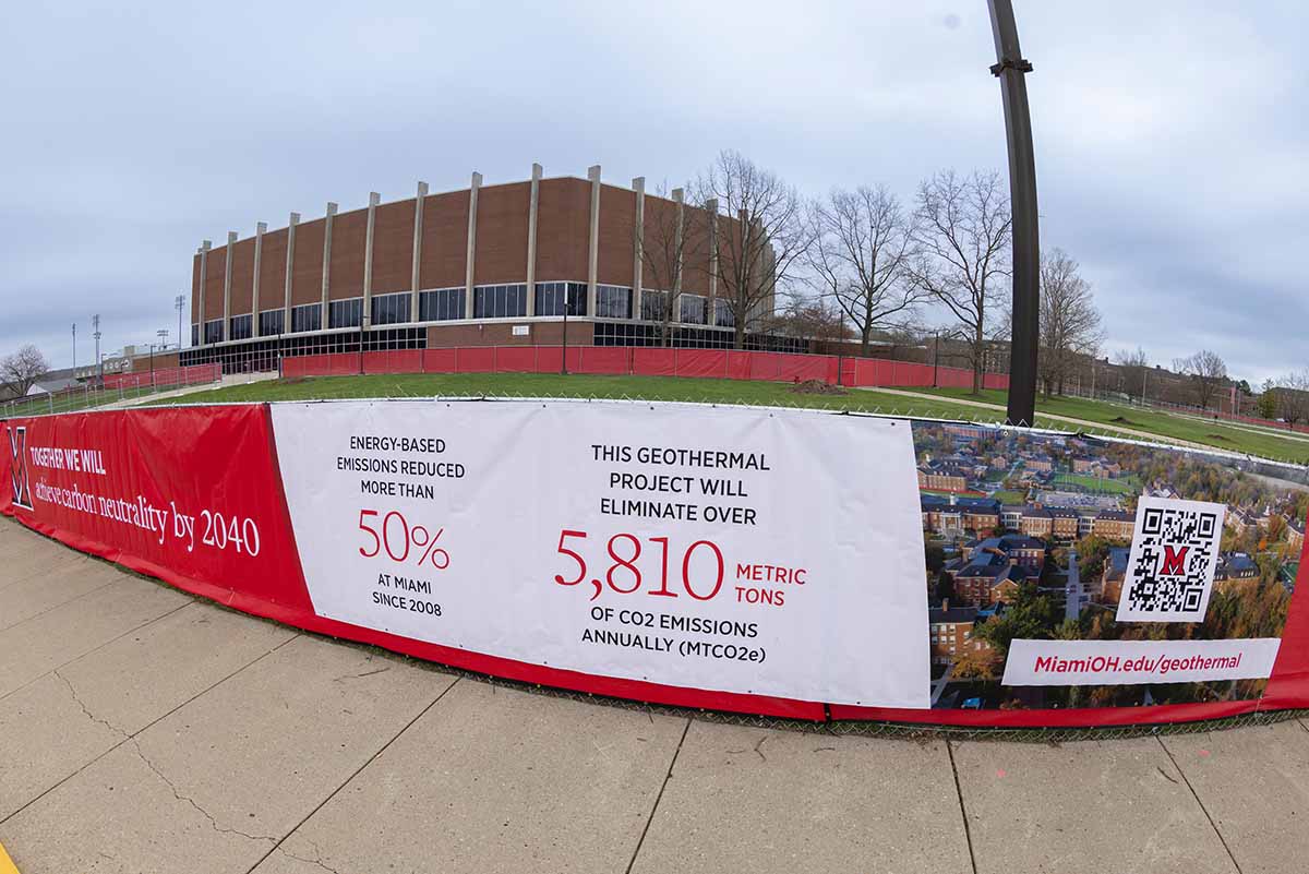 Construction fence banner on the Millett Hall South Lawn