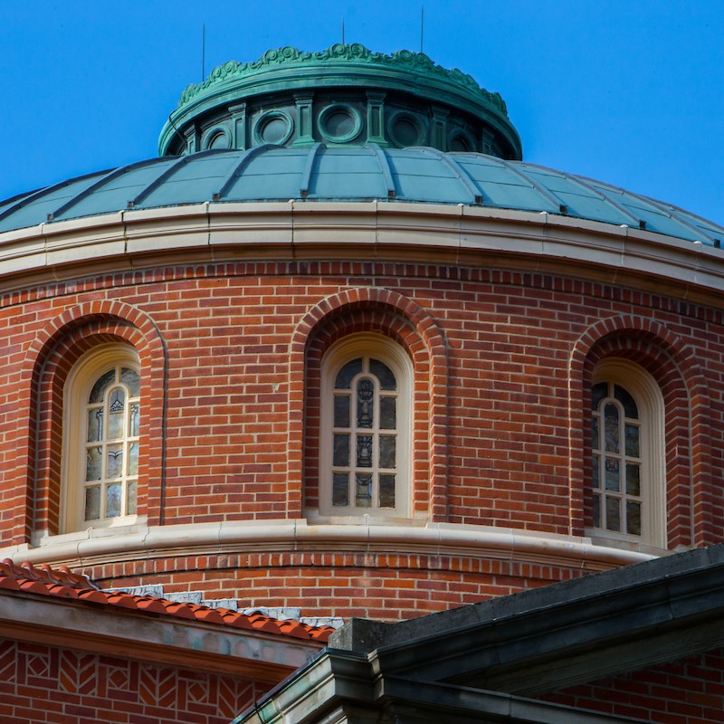 Alumni Hall's patinaed copper domed roof