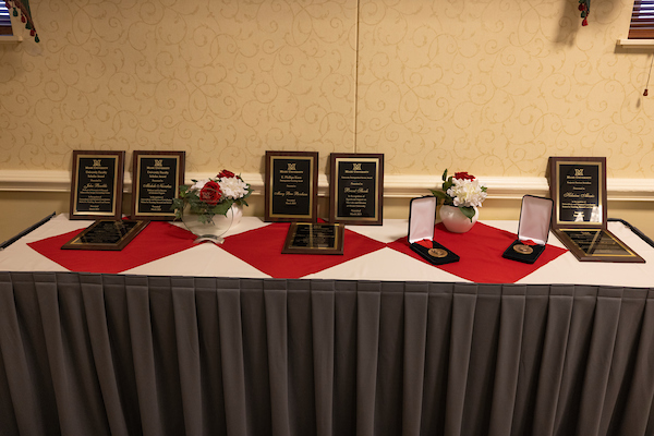 Table with award plaques