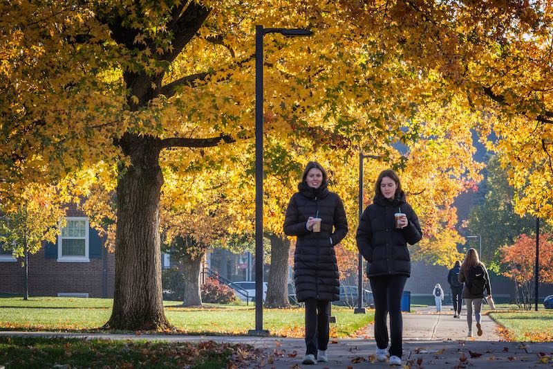 Estudiantes caminando en el campus durante la temporada de otoño.