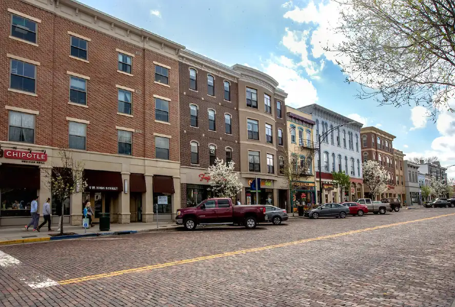 Uptown Oxford, historical buildings and a red brick street 