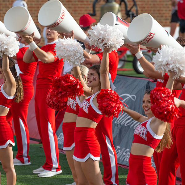 Miami University cheer leaders exciting the audience during a game