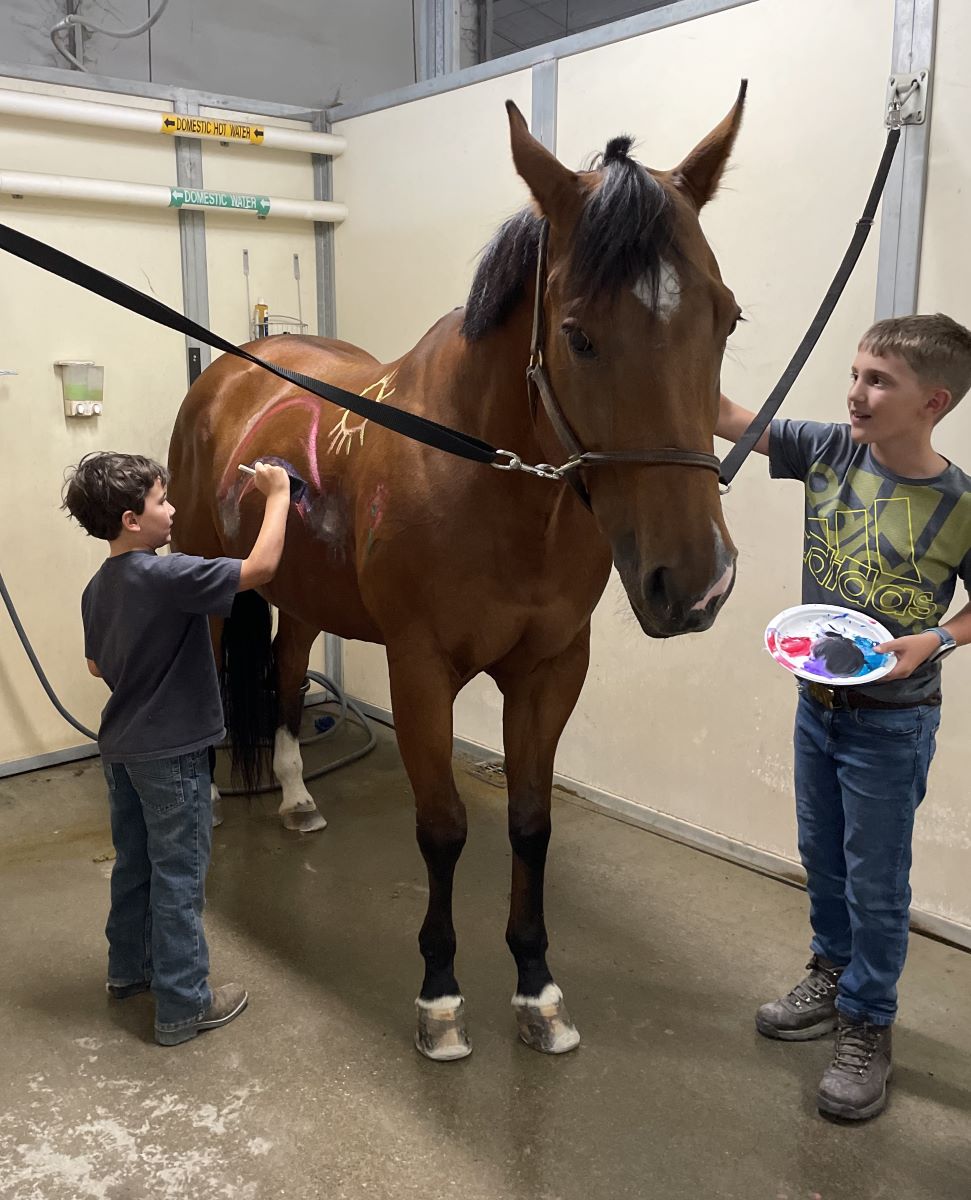 Children painting a horse with animal safe paints during a summer horse day camp