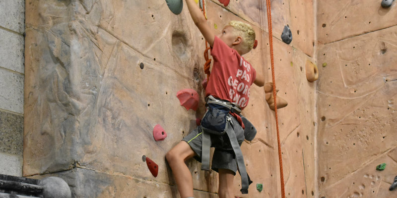 Child climbing the wall wearing a harness with ropes