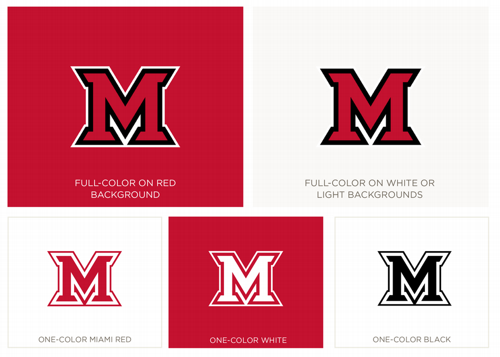 Grid showing a block-letter “M” logo in multiple approved color treatments, including full-color on red and on white backgrounds, plus one-color red, white, and black versions.