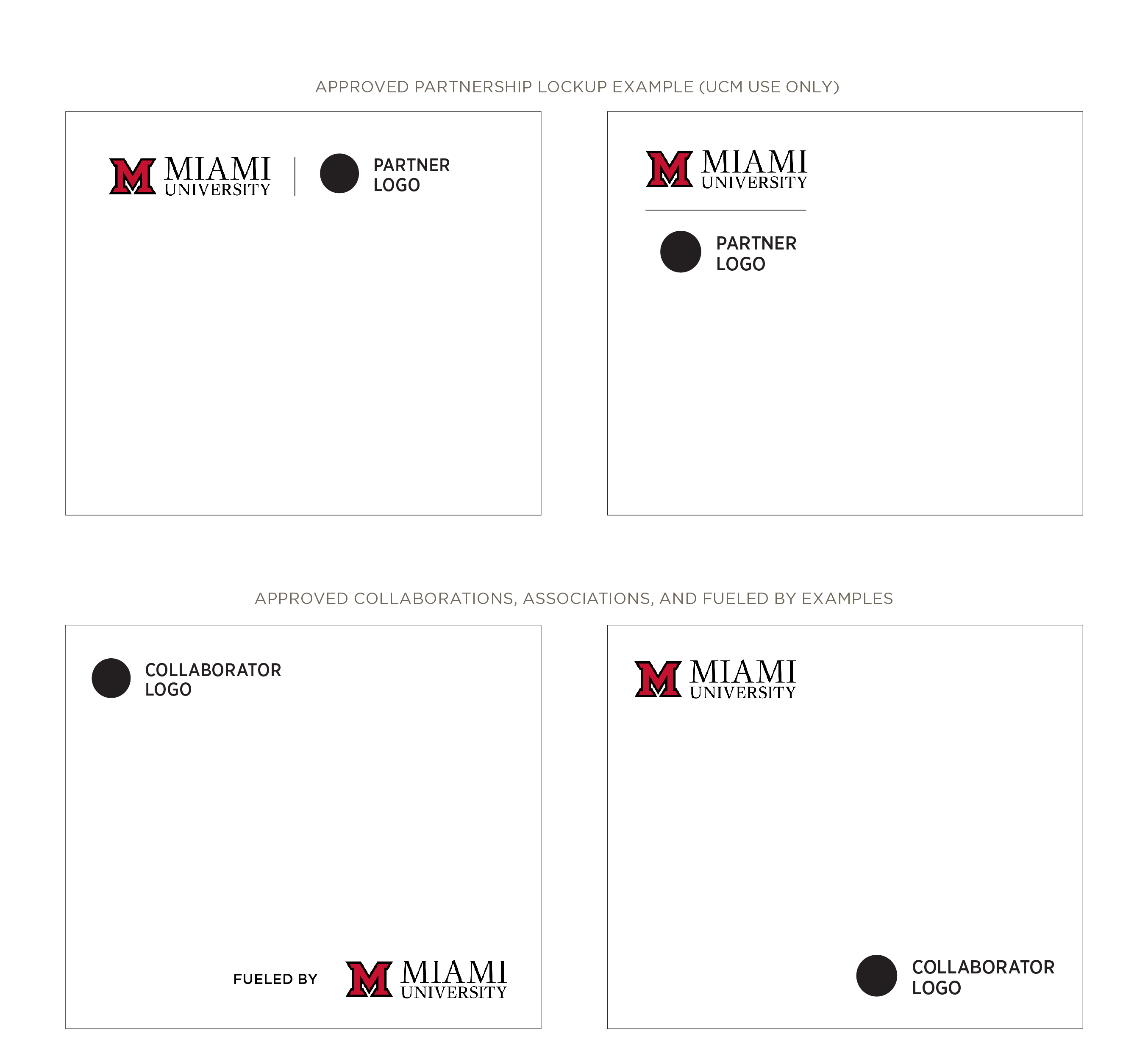 Layout examples showing approved Miami University partnership and collaboration logo lockups, with the Miami University wordmark paired with partner or collaborator logos in different arrangements.