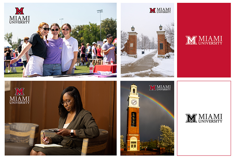 Collage of Miami University images, including students at an outdoor event, a snowy campus entrance, a student studying indoors, the campus clock tower with a rainbow, and Miami University logo tiles.