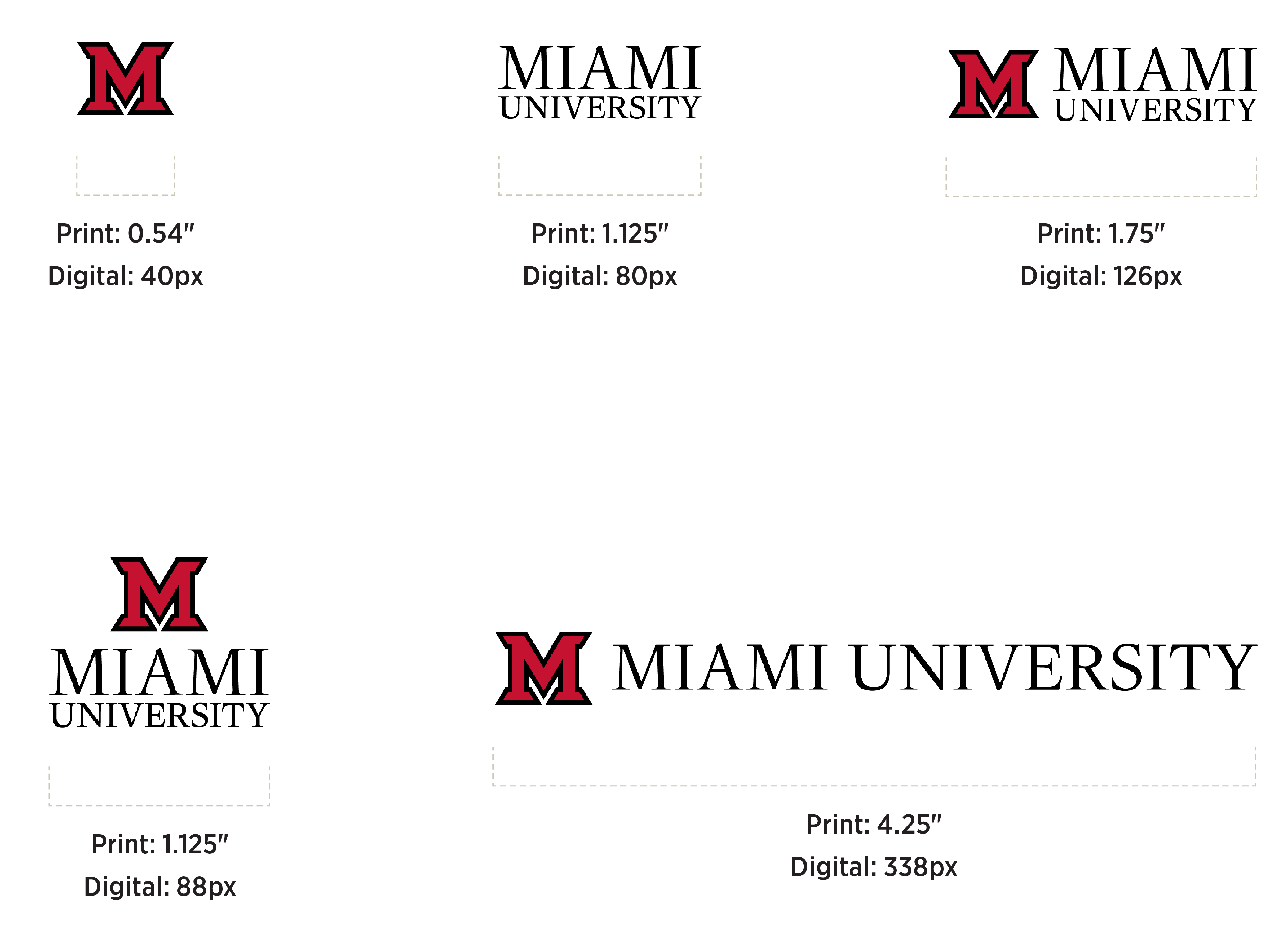 Miami University logo size guide showing the red “M” mark and wordmark in several layout variations with print and digital minimum sizes labeled.