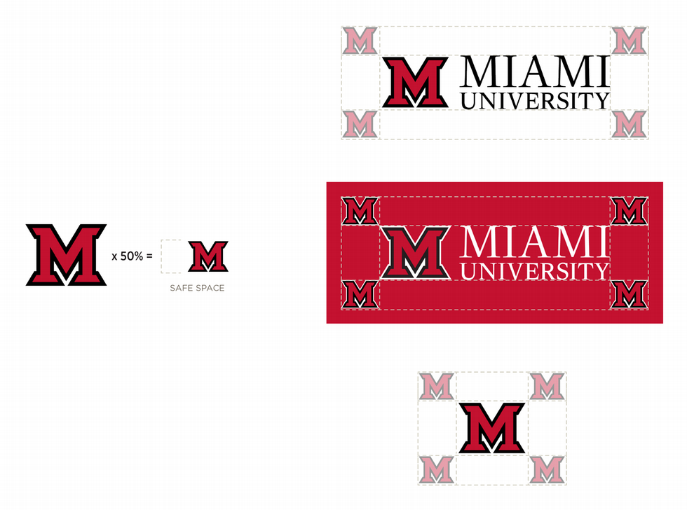 A Block M next to a Block M that is half the size. The Miami University logo with four half sized block M's in each corner to show the amount of safe space needed.