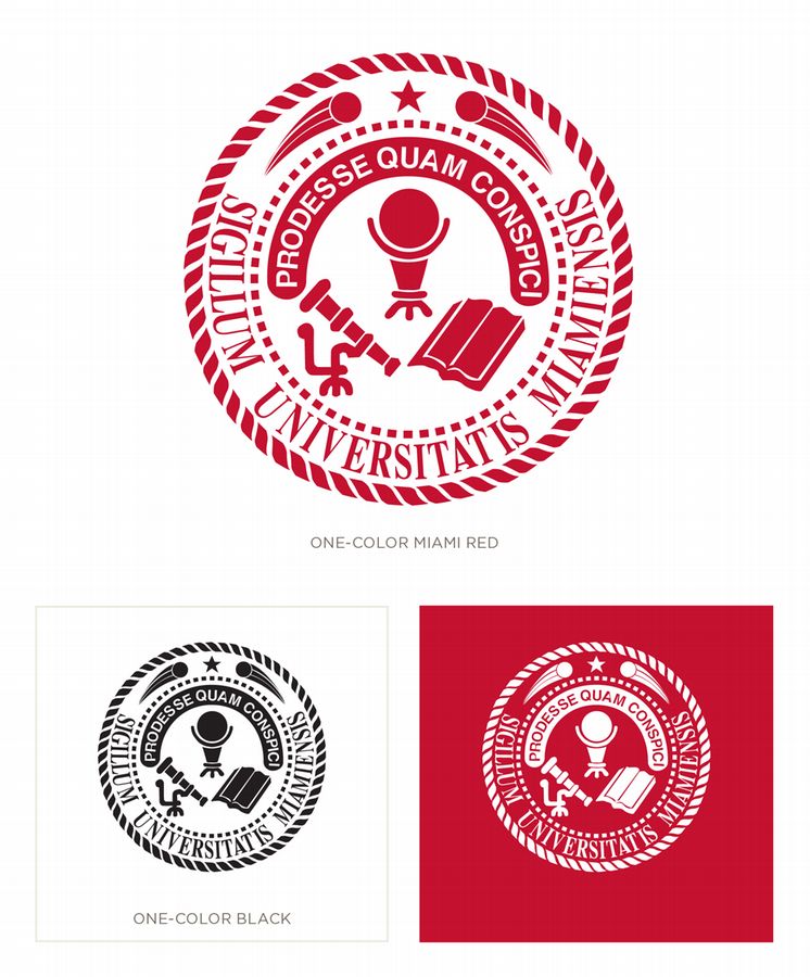 One-color university seal in red, with a rope border and Latin text around icons of a torch, microscope, and open book.