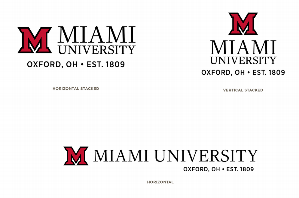 Three Miami University wordmark variations (horizontal stacked, vertical stacked, and horizontal) with a red block “M” and the text “Miami University, Oxford, OH • Est. 1809.”.