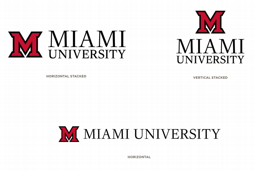Miami University logo variations showing a red block “M” and the words “Miami University” in horizontal and stacked layouts.