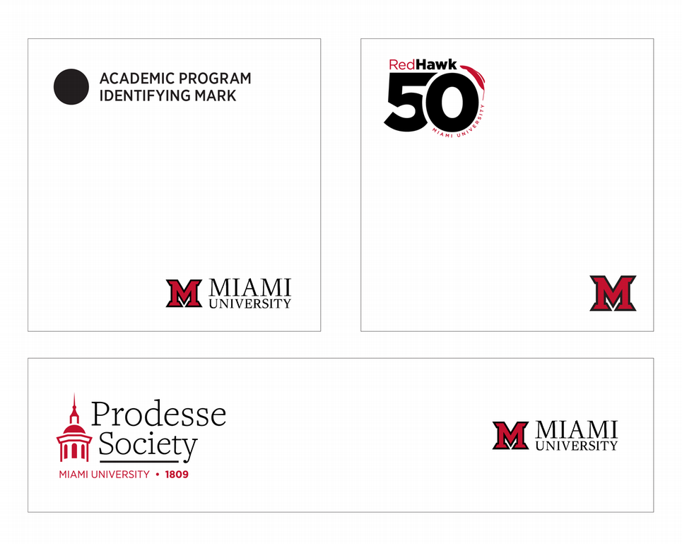 Miami University branding examples showing an academic program identifying mark, a RedHawk 50 anniversary logo, and a Prodesse Society logo alongside the Miami University wordmark.
