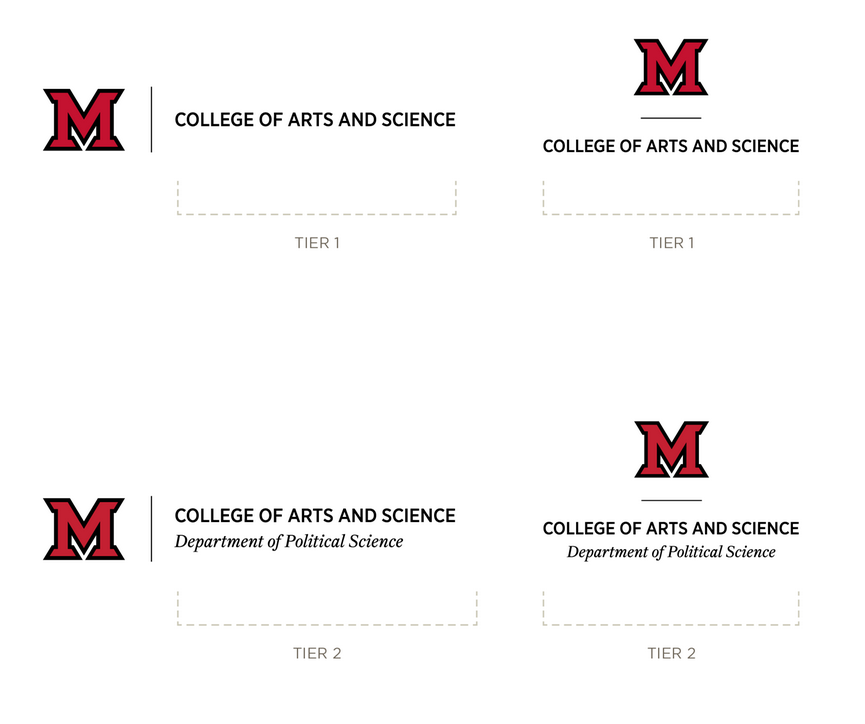 Branding layout showing the red “M” logo with “College of Arts and Science,” with Tier 1 and Tier 2 lockup examples including “Department of Political Science.”