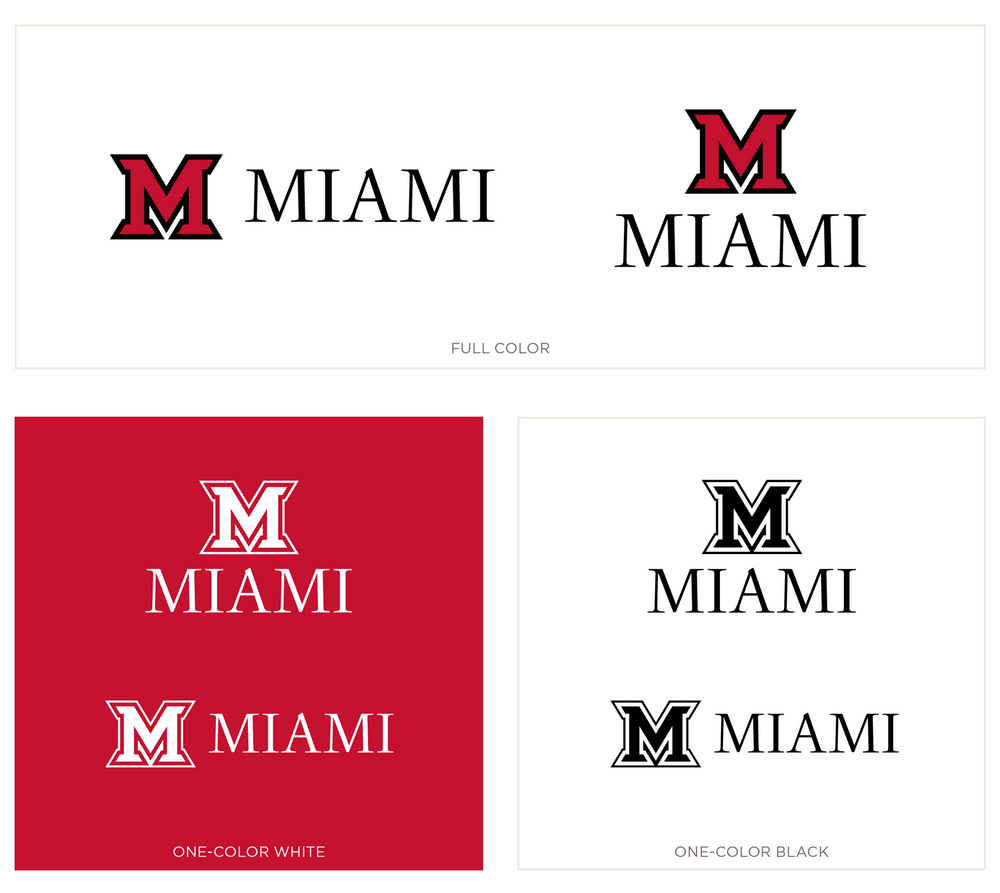Miami wordmark variations showing a red block "M" logo paired with the text "MIAMI" in full color, one-color white, and one-color black layouts.