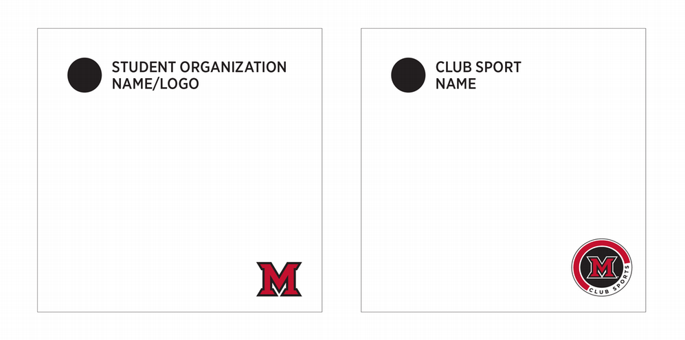 Two sample card layouts: one labeled Student Organization Name/Logo with a circle icon and red M at the bottom, and one labeled Club Sport Name with a circle icon and a circular M Club Sports