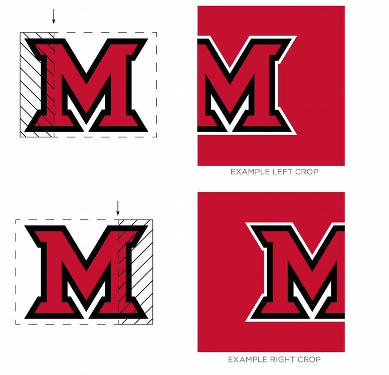 Diagram showing recommended left and right cropping around a red, black, and white block letter M logo, with dashed crop guides and red background examples.
