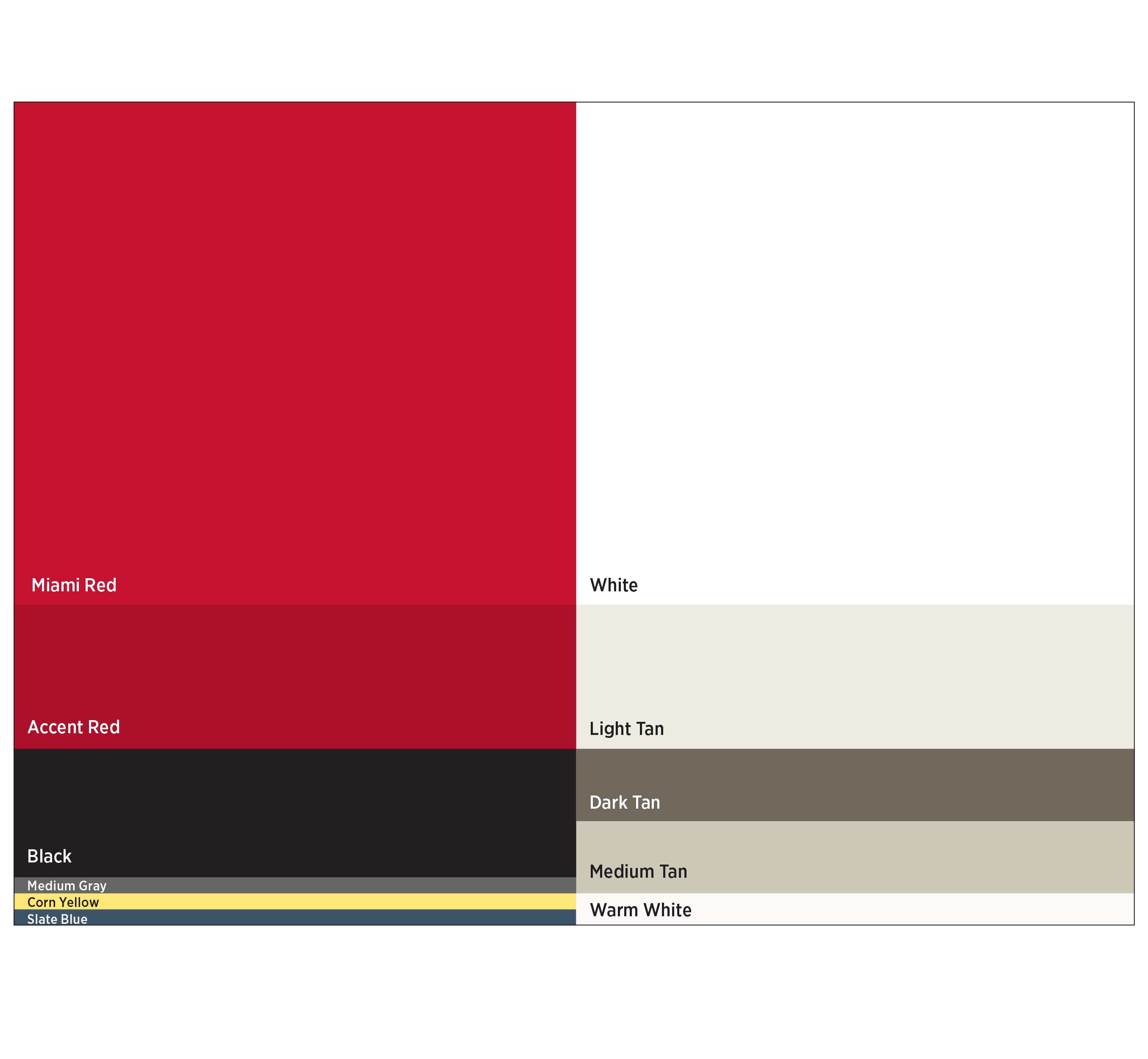 Color palette grid with labeled swatches including Miami Red, Accent Red, Black, Medium Gray, Corn Yellow, Slate Blue, White, Light Tan, Dark Tan, Medium Tan, and Warm White.