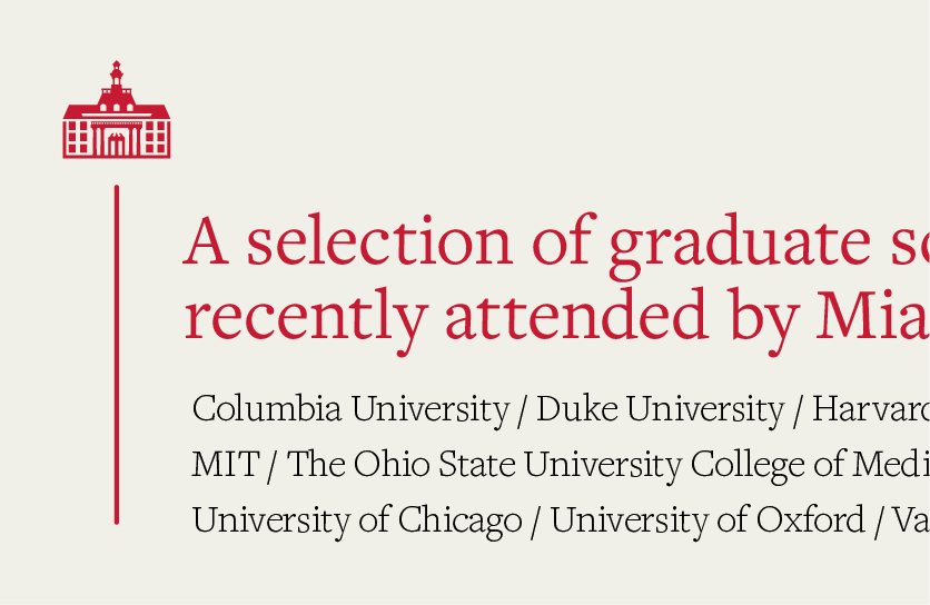 Graphic showing a red school building icon and a large red heading beginning “A selection of graduate…” above a list of universities including Columbia, Duke, Harvard, MIT, Ohio State, Chicago, and Ox