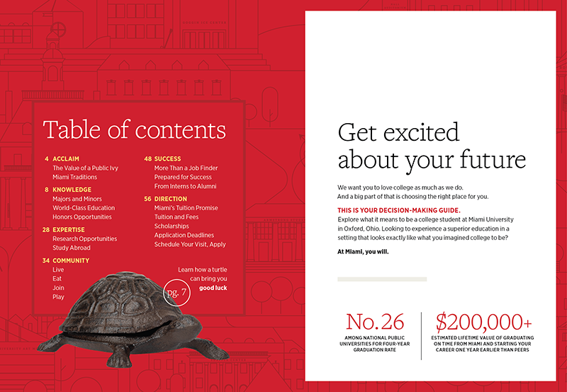 Two-page brochure spread with a red table of contents on the left and a white page on the right titled “Get excited about your future,” plus a small turtle graphic at the bottom.