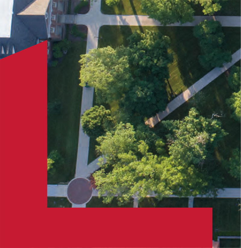 Aerial view of a green campus quad with intersecting sidewalks and trees, partly covered by a large red geometric overlay.