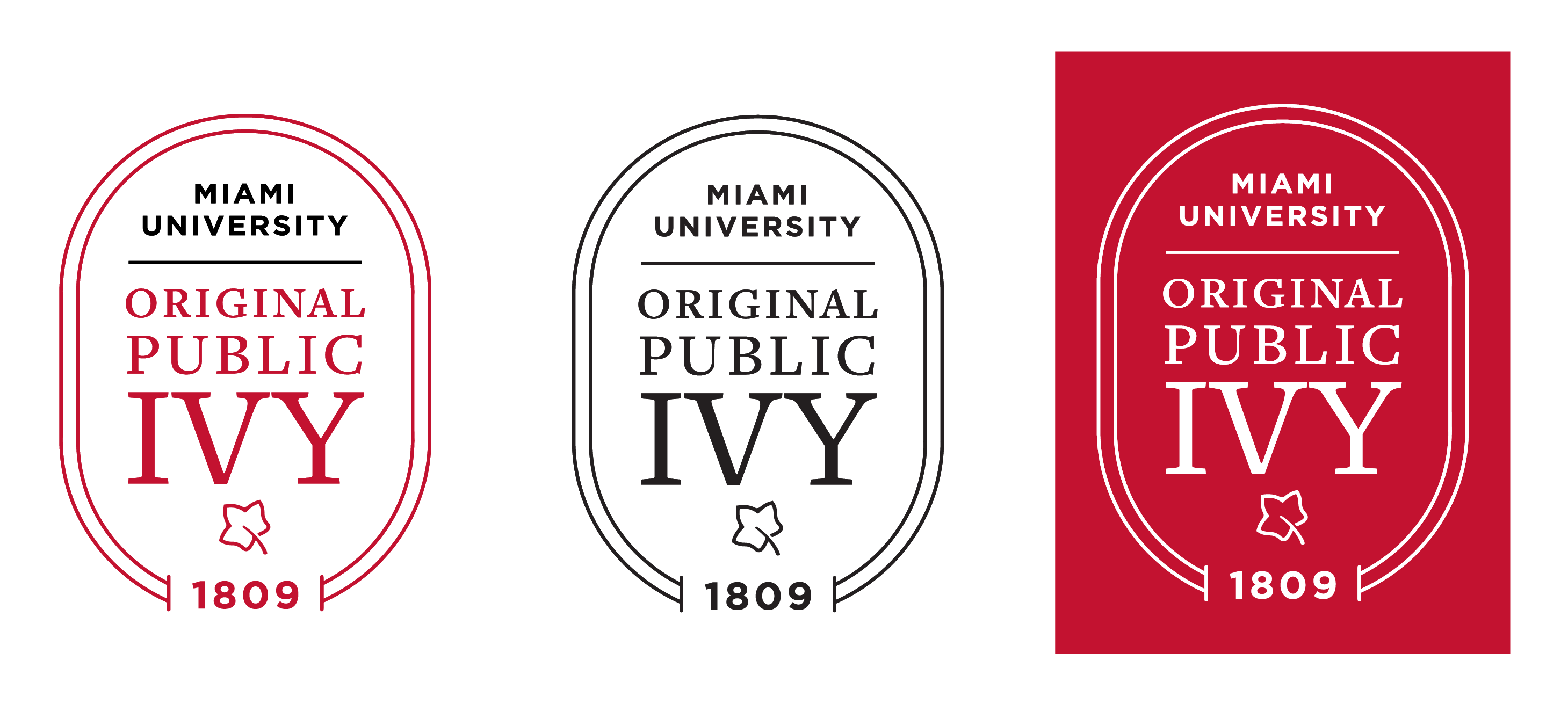 Three Miami University “Original Public Ivy” badge logos with rounded-rectangle outlines, shown in red, black, and reversed white-on-red versions, with “1809” at the bottom.