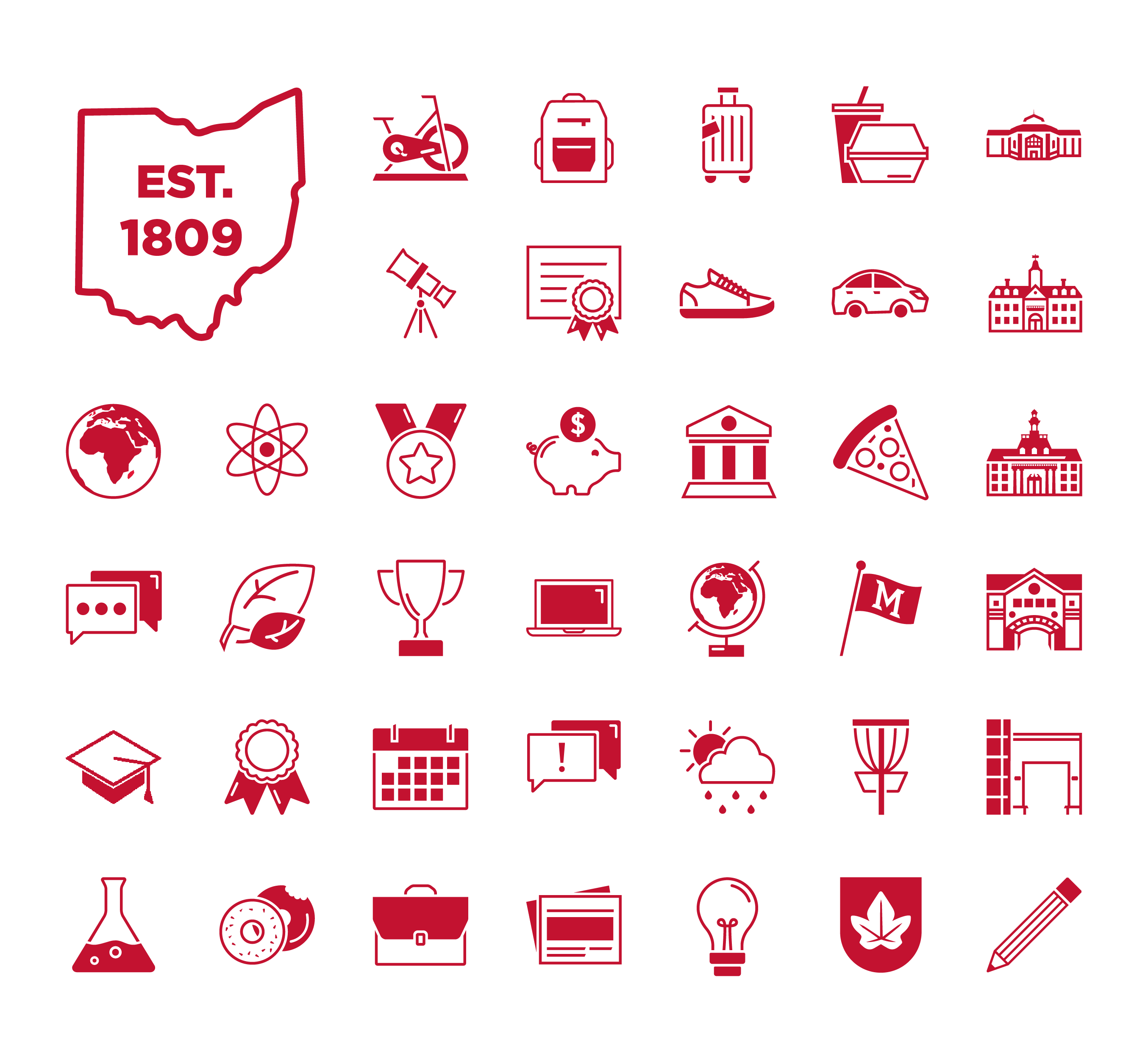 Grid of red outline icons, including an Ohio-shaped “EST. 1809” emblem and various education and campus symbols like a bicycle, backpack, diploma, buildings, and a trophy.