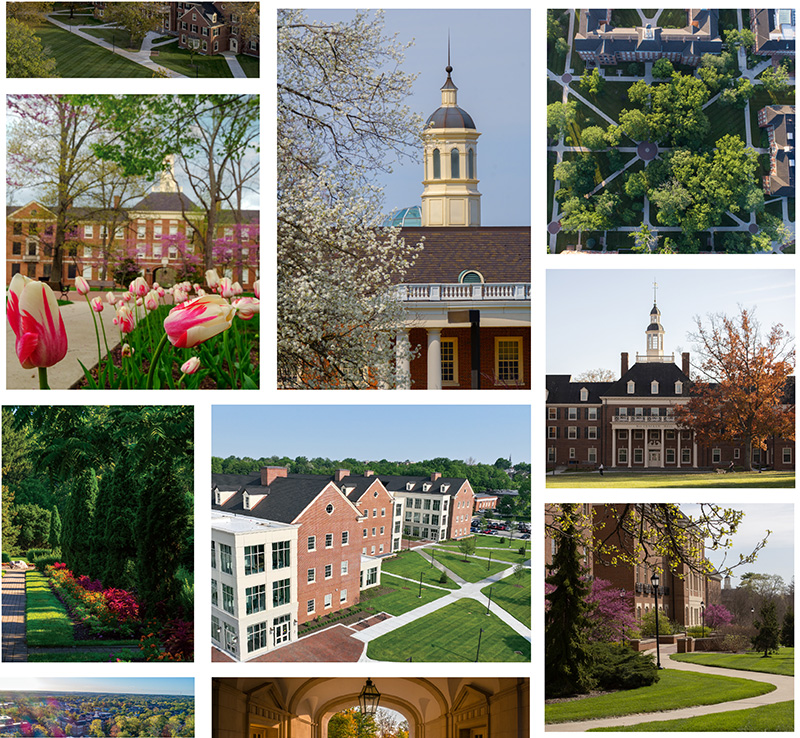 Collage of campus scenes showing red-brick buildings with a cupola, aerial views of walkways and trees, and spring flowers and gardens.