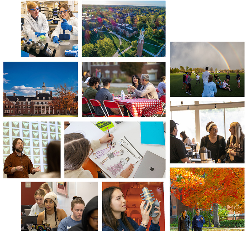 Collage of campus life showing students and faculty in a lab, classrooms, and social spaces, plus aerial and outdoor scenes of campus buildings, fall foliage, and a group on a field under a rainbow.