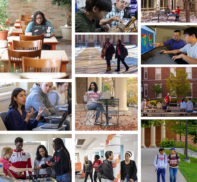 Photo collage of university students studying, collaborating in labs and classrooms, and walking or relaxing around campus in different seasons.