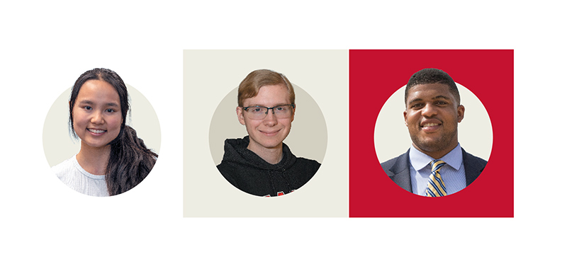 Three head-and-shoulders portrait photos arranged horizontally on light and red backgrounds.