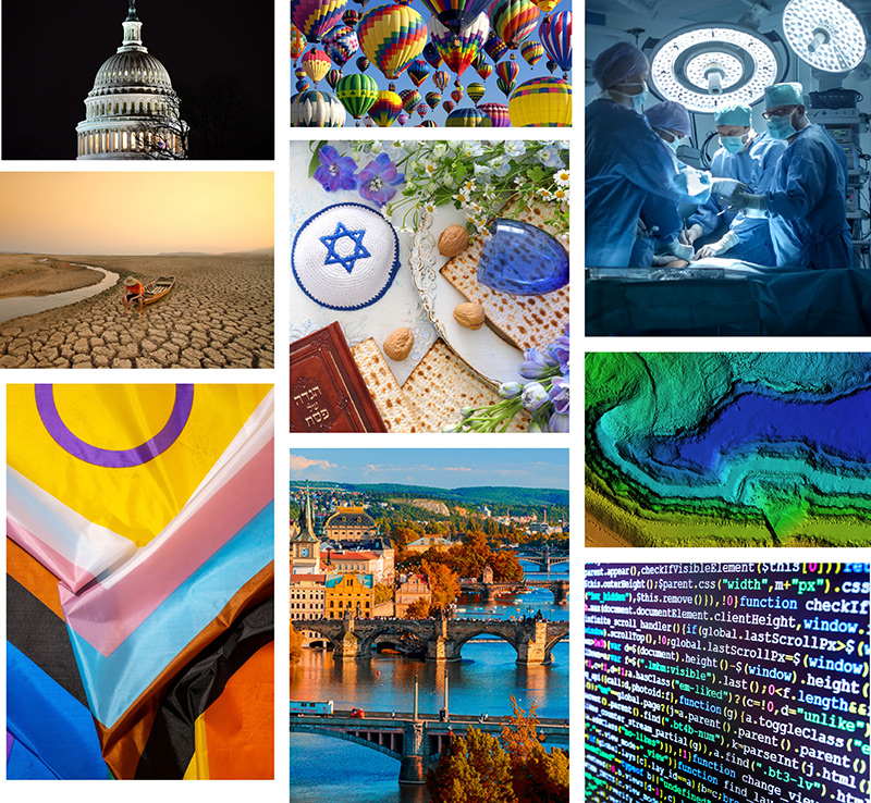 Collage of nine stock photos showing the U.S. Capitol, hot air balloons, surgeons in an operating room, cracked desert with a boat, Jewish religious items, a pride flag, a cityscape with a river and bridge,