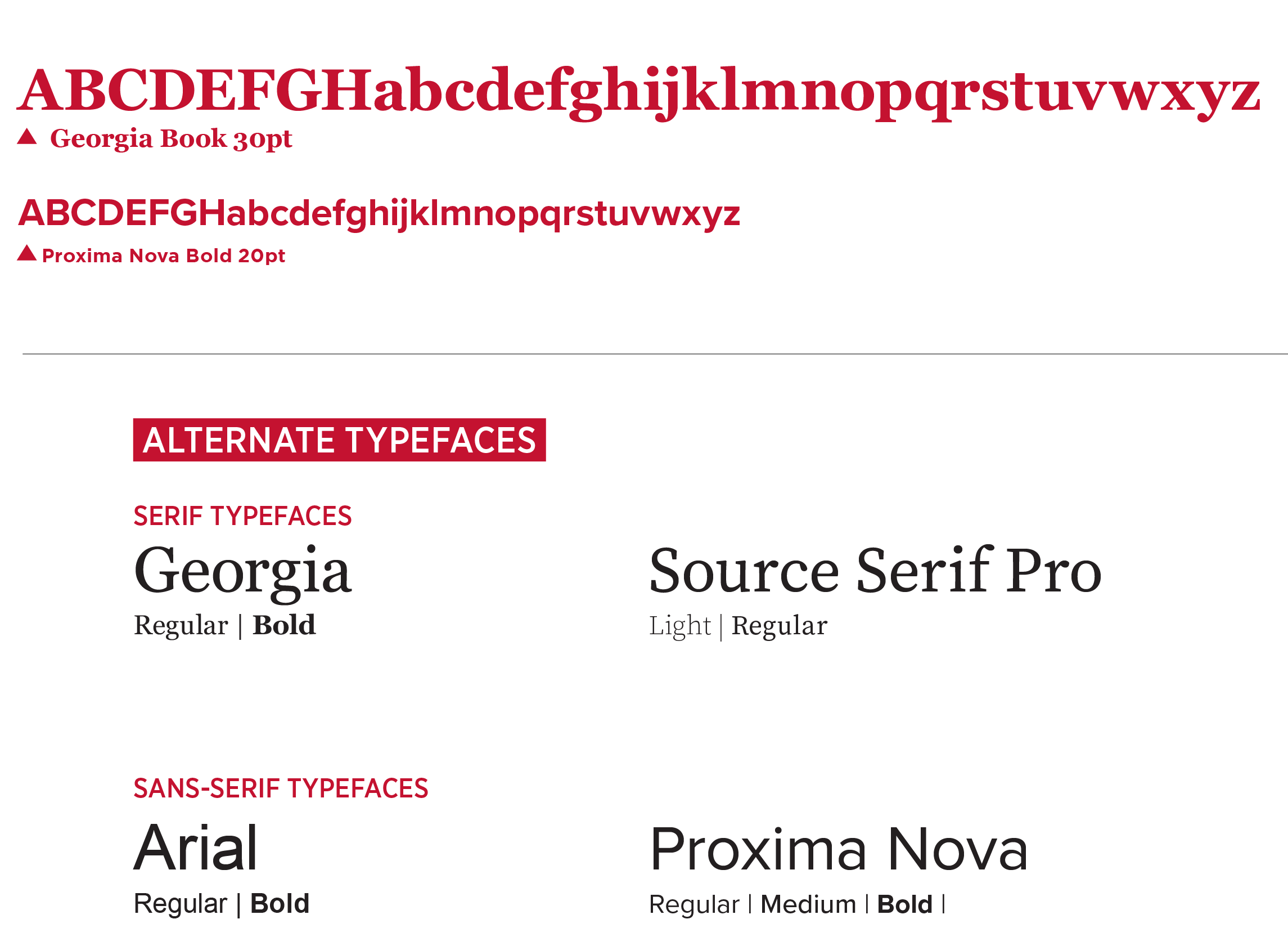 Typography guide showing alphabet samples in Georgia Book and Proxima Nova Bold, plus a list of alternate typefaces for serif (Georgia, Source Serif Pro) and sans-serif (Arial, Proxima Nova) styles.