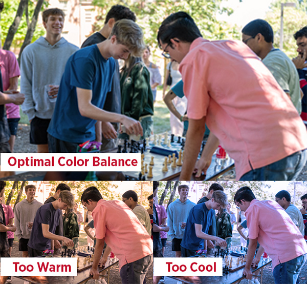 Side-by-side comparison photo of students gathered around an outdoor chess table, labeled “Optimal Color Balance,” “Too Warm,” and “Too Cool.”