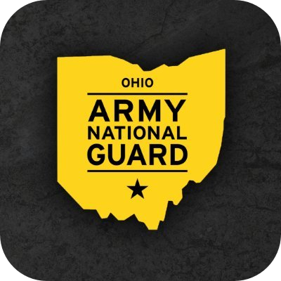 Ohio Army National Guard logo in the shape of Ohio on a dark background.
