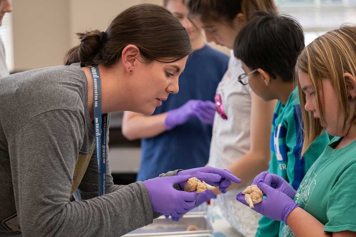 Miami student and child examining brain specimens
