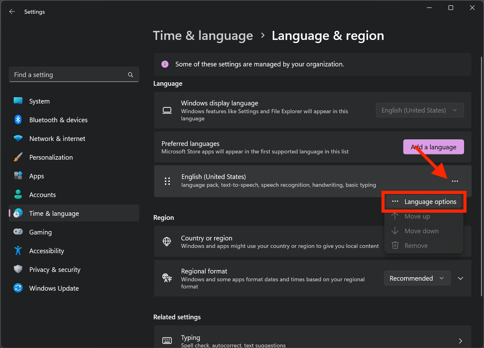 Windows Settings - Language Options